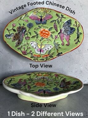 Vintage Chinese Floral Butterfly Decorative Footed Trinket Dish 6” x 4” x 1.25”